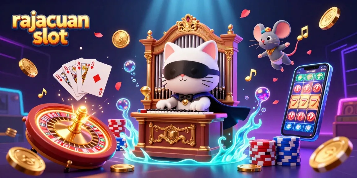 Engage with rajacuan slot through a vibrant casino scene featuring characters and dynamic elements.