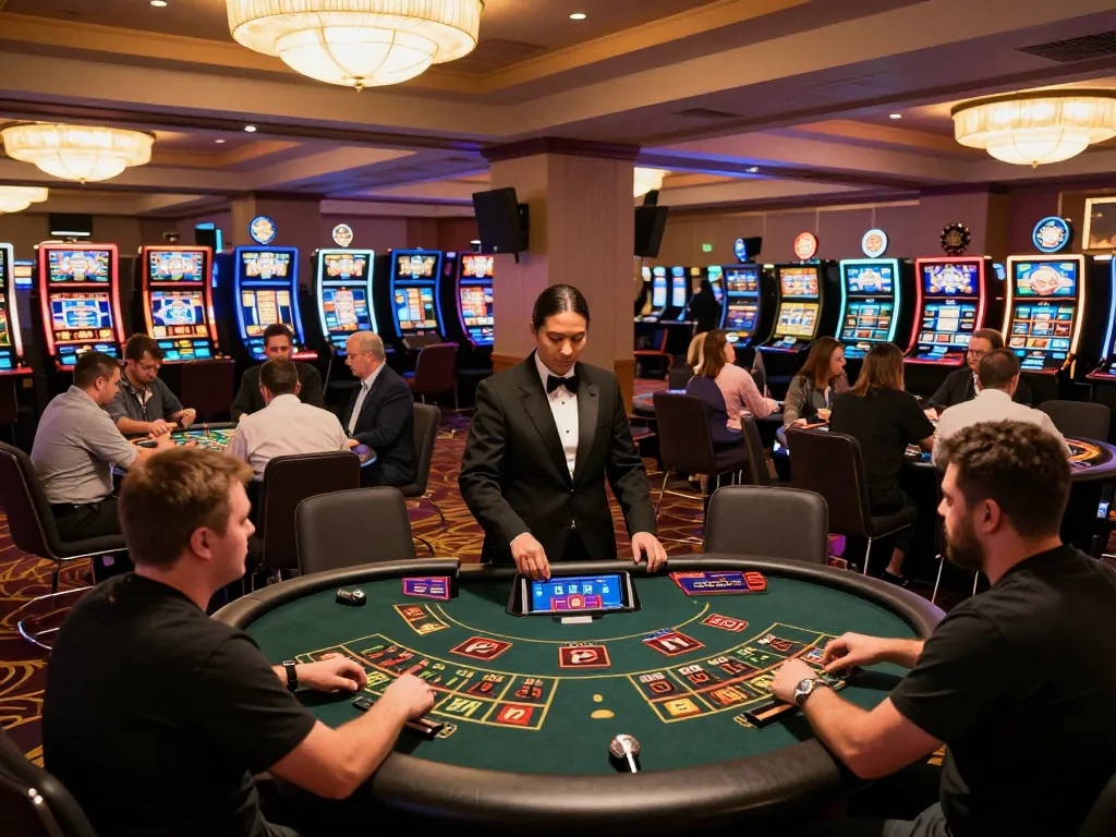 RR88 players enjoying a vibrant casino scene with gaming tables and slot machines lighting up the atmosphere