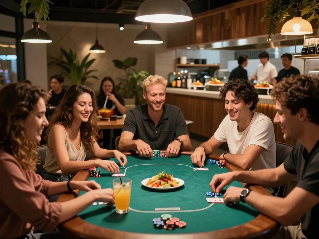 Group enjoying poker at POKERSERI restaurant, vibrant dishes, and drinks create a lively atmosphere.