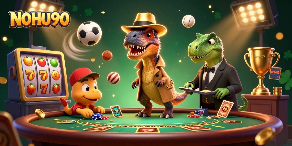 Experience thrilling gameplay with NOHU90's vibrant casino scene featuring playful characters and dynamic action.
