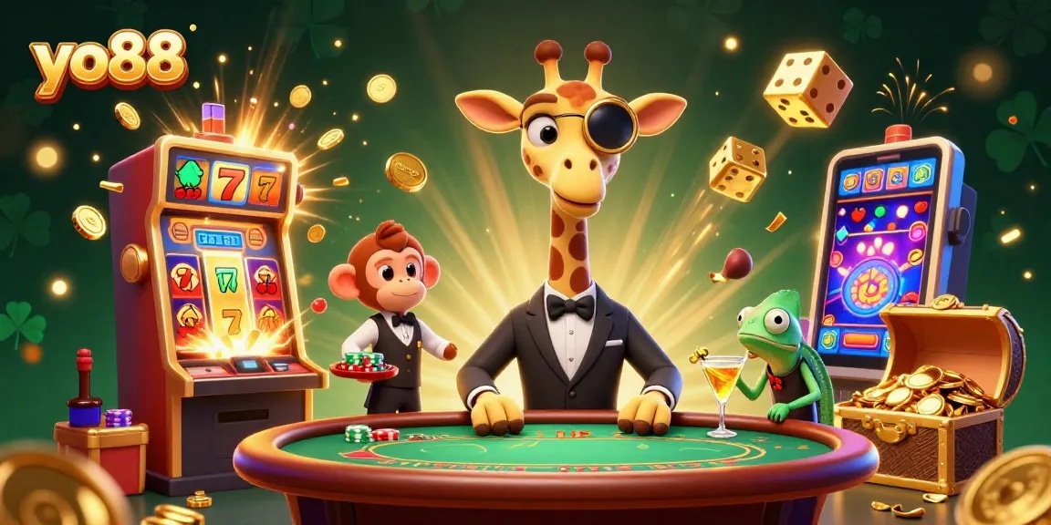 Win big at yo88 with a lively 3D illustration showcasing a high-roller giraffe and engaging casino elements.