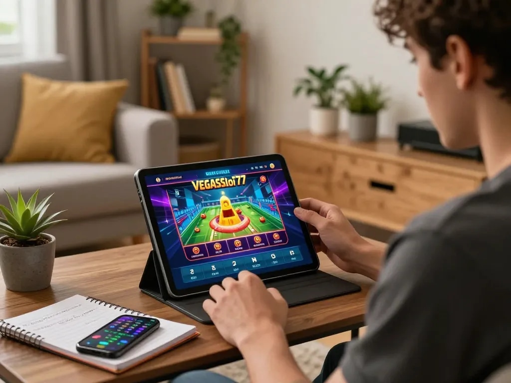 Engaging online gaming experience at vegasslot77 with tablet gameplay and stylish home setup.