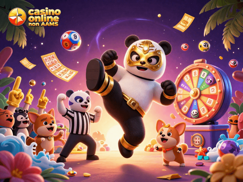 In azione nei casino online non AAMS, un panda lotta mentre una folla di animali sostiene con le mani e il gioco avanza.