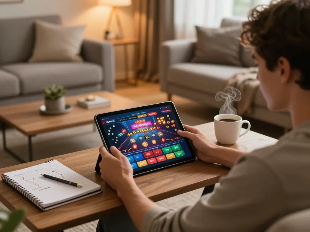 Bong99 user immersed in online gaming with tablet, betting strategies notebook, and cozy ambiance.