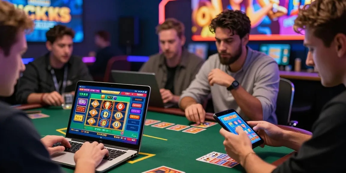 LUCK8 players enjoying online betting on laptops and smartphones in a vibrant gaming atmosphere.