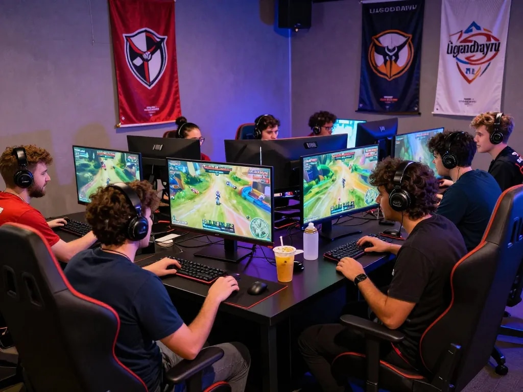 Excited gamers at a ligasedayu tournament in a vibrant gaming lounge.