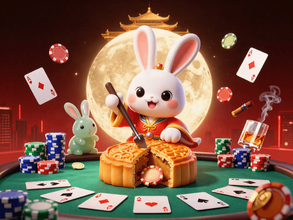 Engage with GEM88 gaming as the moon rabbit pounds mooncakes revealing poker chips amidst vibrant casino elements.