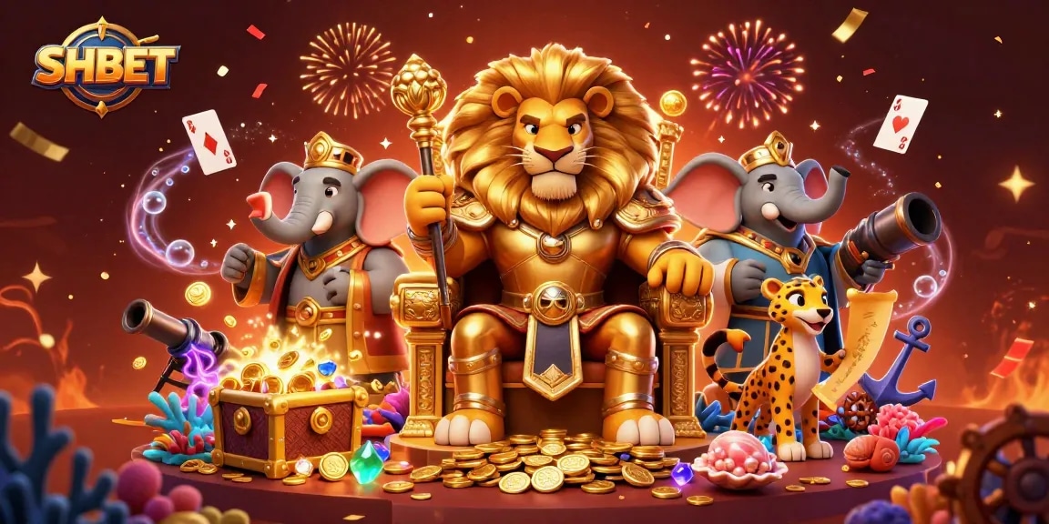 Engage with SHBET's vibrant gaming realm showcasing a royal lion, magical effects, and underwater treasures.