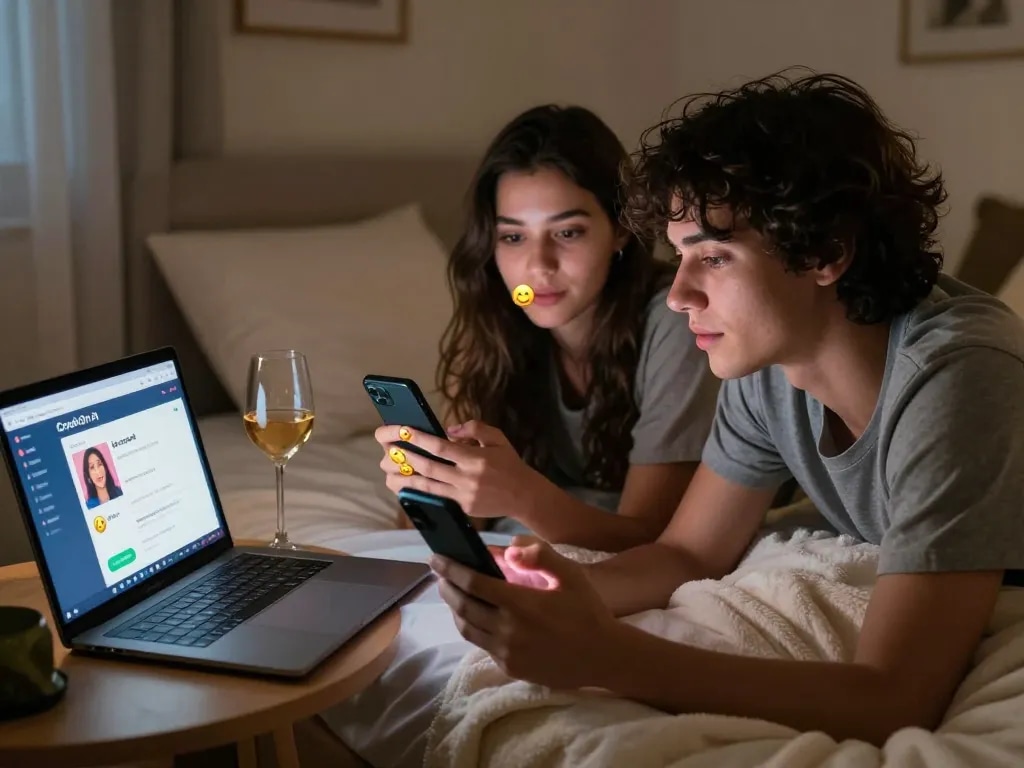 Couple enjoying ai porn chat in cozy bedroom with playful emojis and interaction.