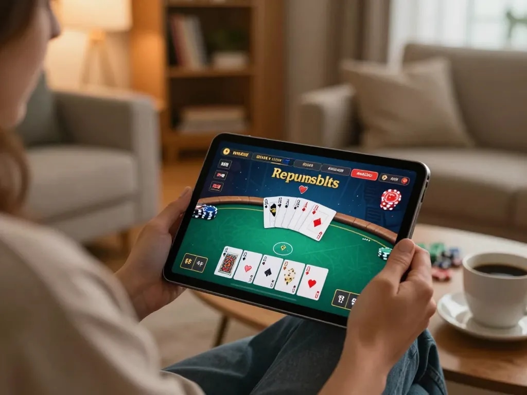 Action-packed gaming on Trang chủ 79king with poker hands visible on a tablet in a cozy home.