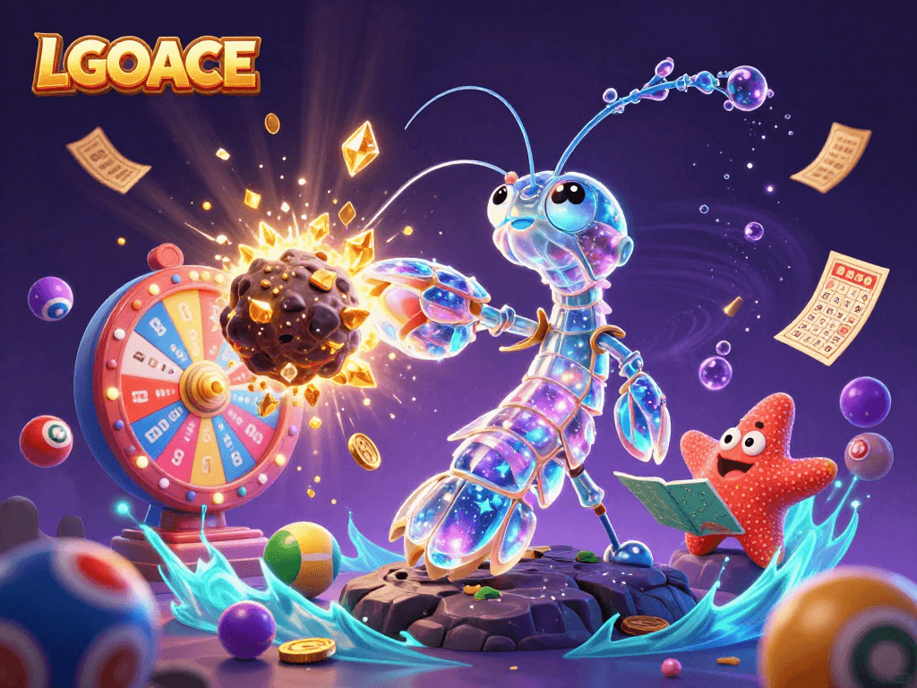 LGOACE showcases a galactic samurai mantis shrimp amidst a vibrant casino atmosphere, managing lottery elements and prizes.