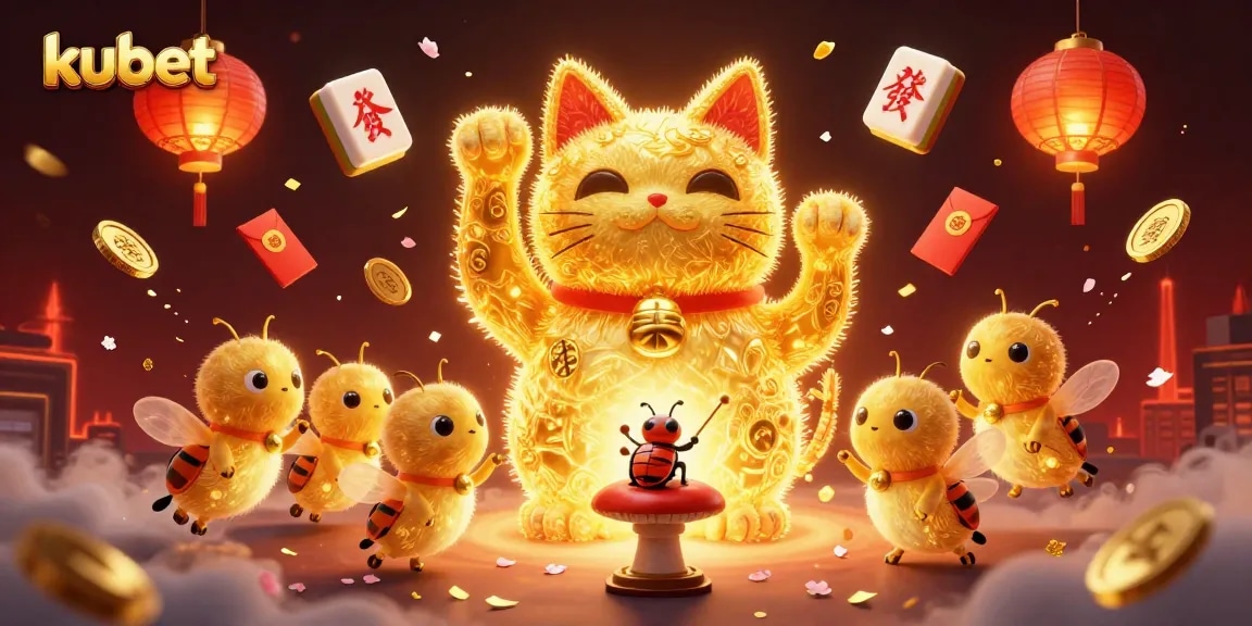 Experience the dynamic casino energy of kubet with a giant lucky cat made of fireflies amidst vibrant gaming elements.