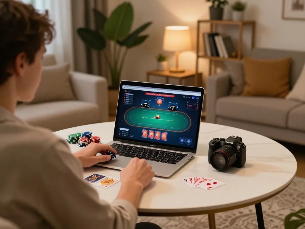 Engaging poker game scene on a laptop at home, featuring 789betcom, showcasing strategic gameplay.