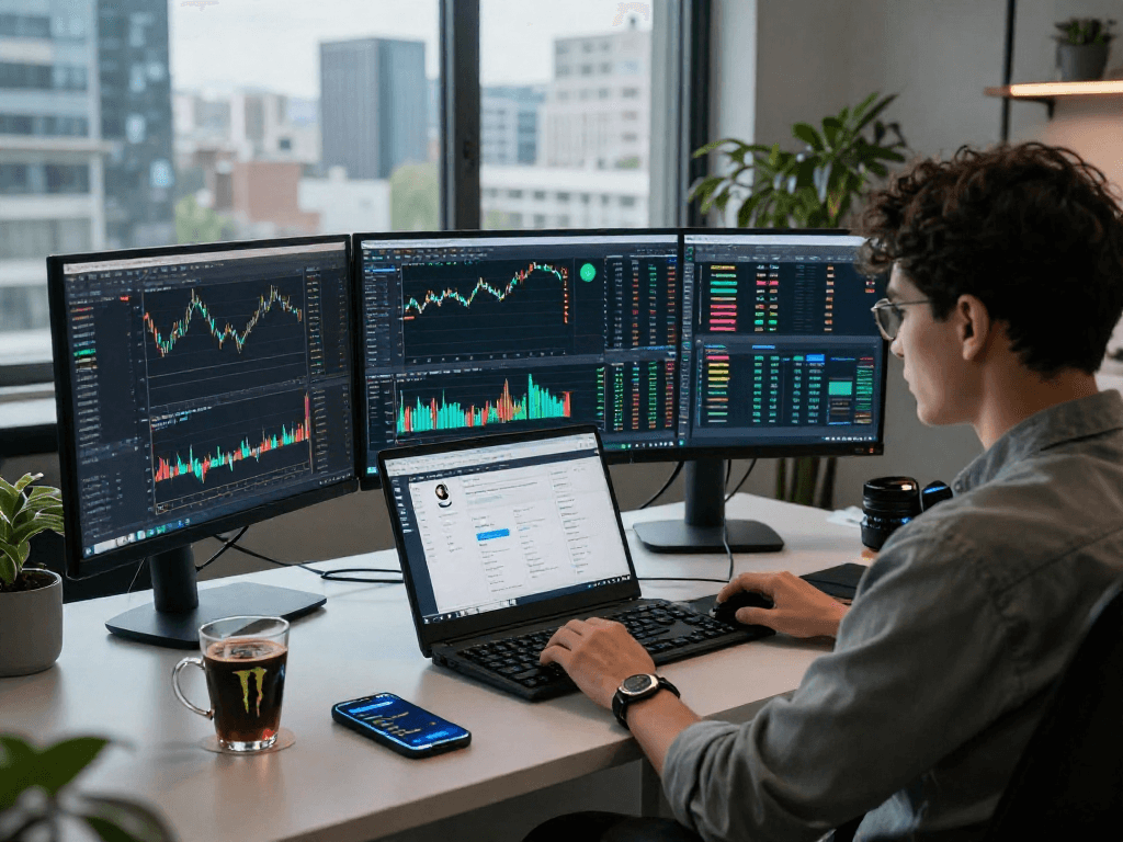 Negociador utilizando Immediate Edge en su moderna estación de trabajo digital con gráficos de criptomonedas.