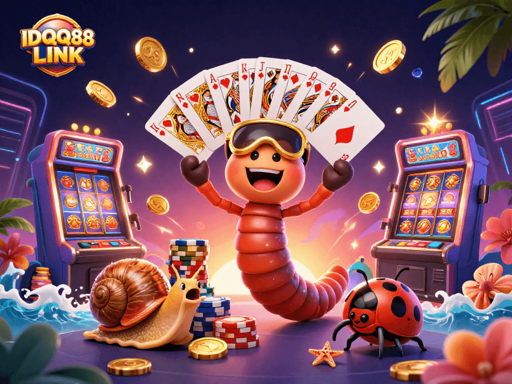 Engage with IDQQ88 LINK in a vibrant slot gaming scene with colorful casino elements.