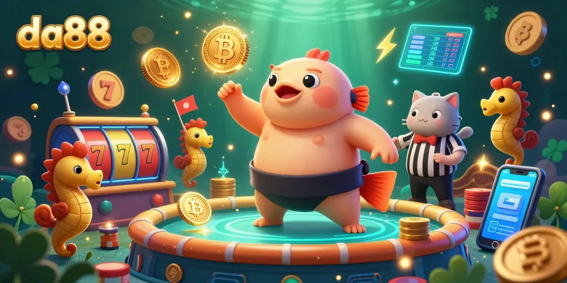Engage in thrilling underwater casino action with da88 featuring a vibrant fugu and an energetic referee.