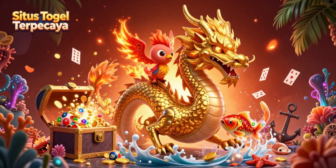 Engage in thrilling experiences at Situs Togel Terpercaya amid golden dragon and phoenix illustrations.