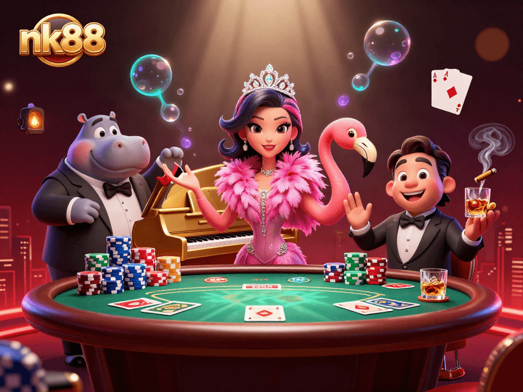 Engage in vibrant casino action with nk88, showcasing colorful poker chips and dynamic characters.