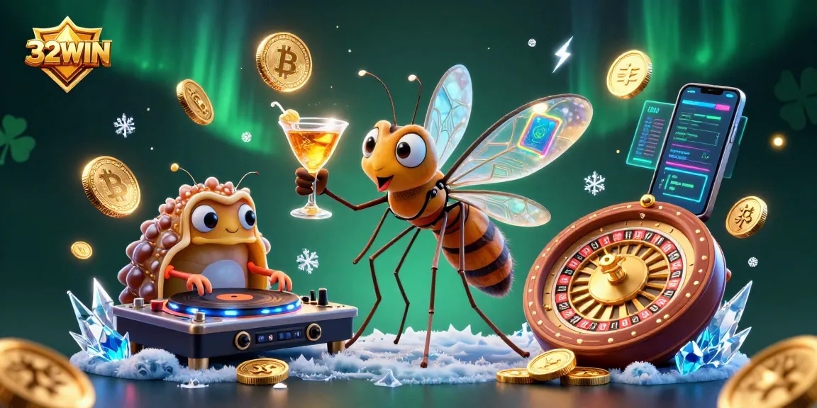 Experience the thrill of 32WIN with a frozen mosquito mascot and a trilobite DJ amidst vibrant casino elements.