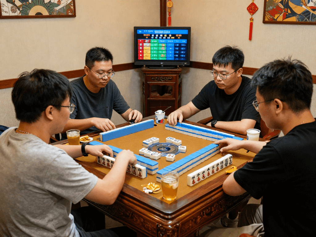 Players enjoying a lively game of MahjongJP88 Official surrounded by vibrant tiles and snacks, showcasing gaming culture.