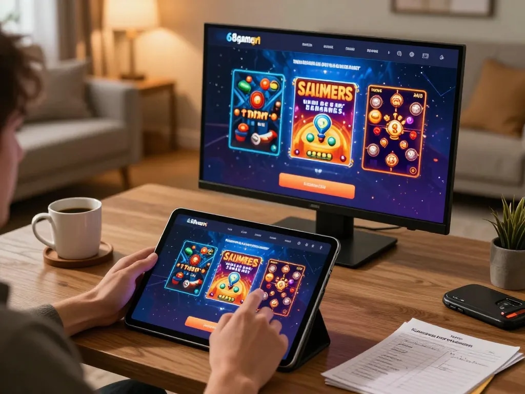 Engaging with the 68gamebaivn app for online gaming in a cozy home setting.