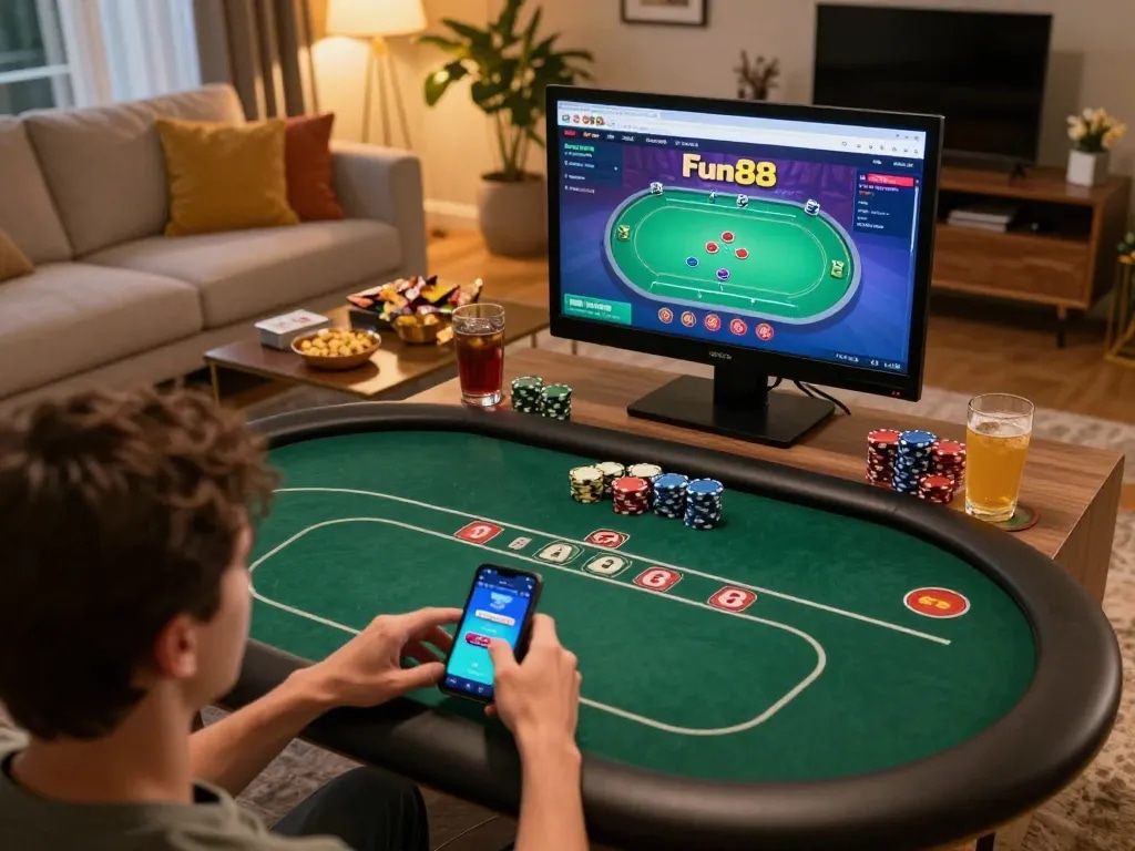 fun88 app in use during an exciting online poker game session in a cozy home
