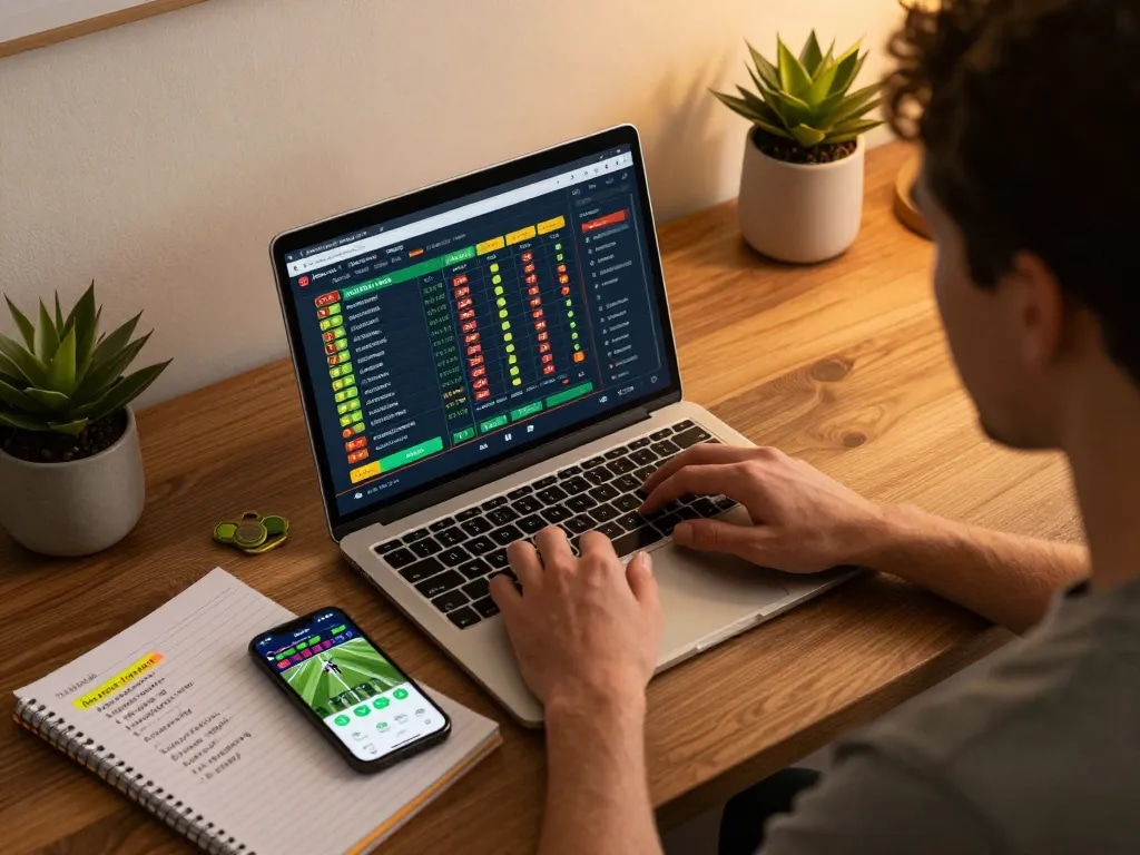 Engaging moment on trang chủ 78win with a user analyzing live sports odds on a laptop during online betting.