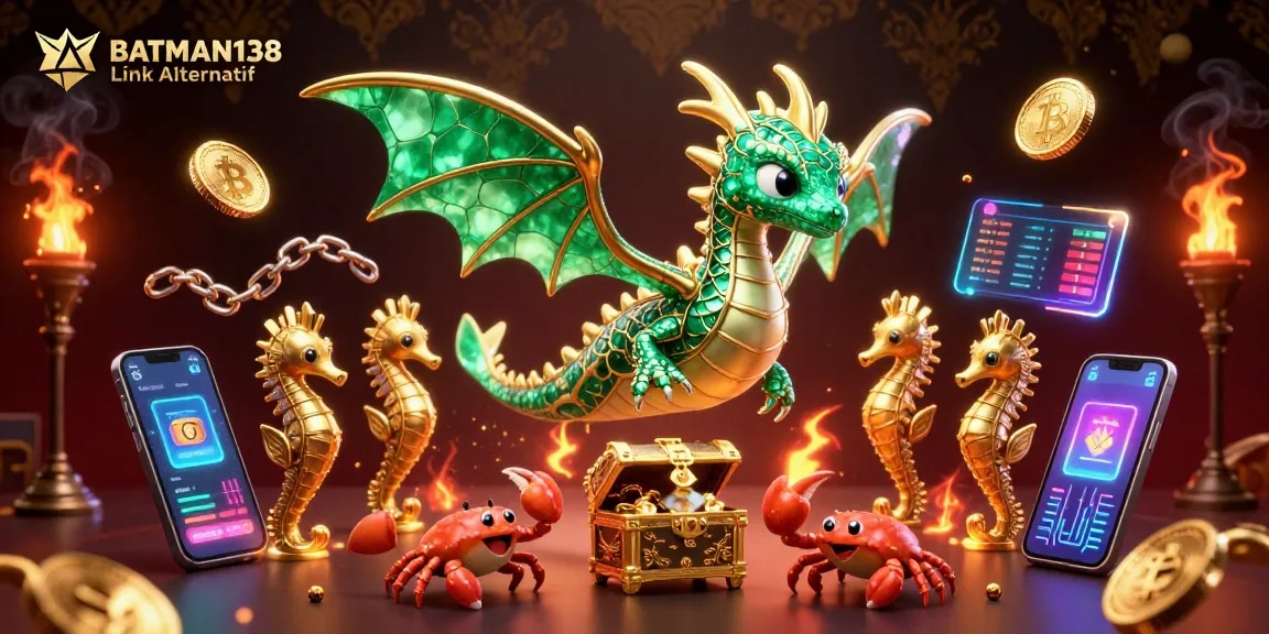 Engage with the BATMAN138 Link Alternatif amidst a vibrant 3D digital casino scene with treasures and crypto elements.