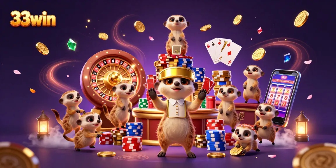 Experience thrilling gameplay at 33win with a vibrant scene of meerkats managing an exciting casino.