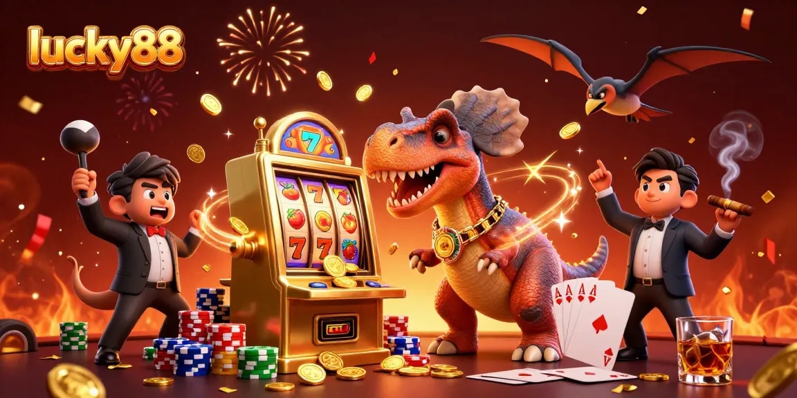 Catch golden coins in a vibrant lucky88 gambling scene with animated characters and slot symbols.