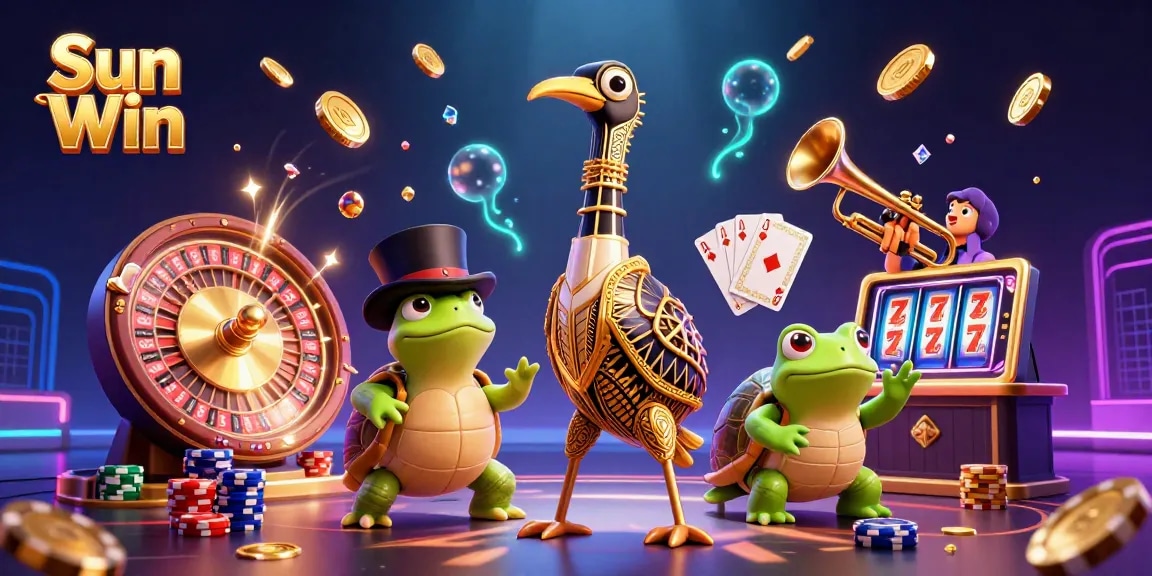 Experience the excitement of Sun Win with our vibrant 3D casino scene featuring playful characters and casino elements.