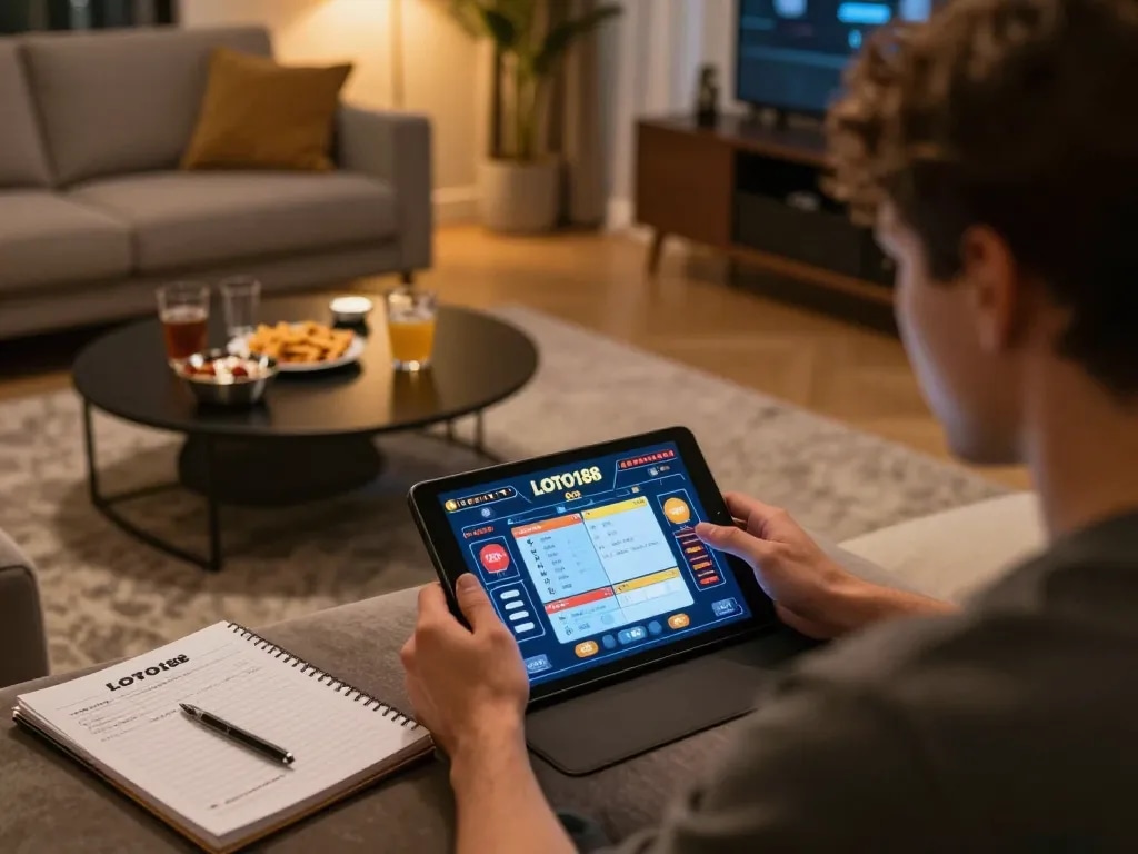 LOTO188 SO user placing bets on an online casino tablet in a cozy living room