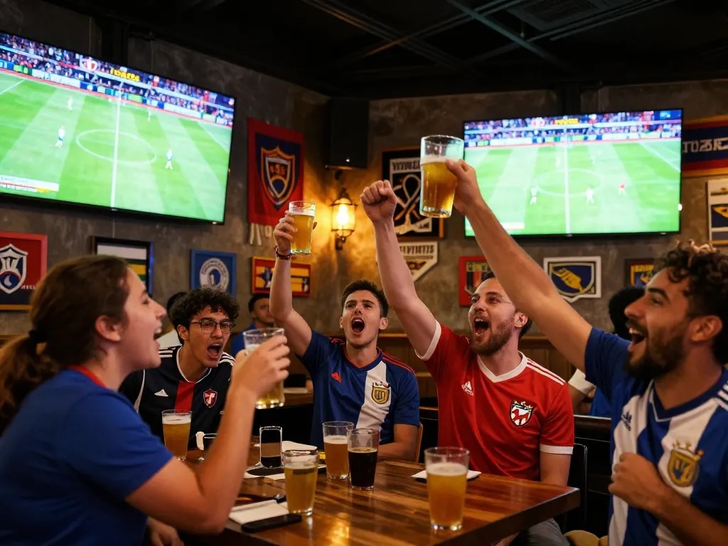 Fans celebrating during World Cup 2026 matches at a lively sports bar.