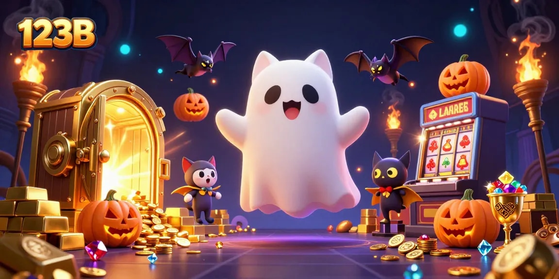 Experience thrilling wins at 123B with a ghostly cat navigating illuminated slot machines in a haunted casino.