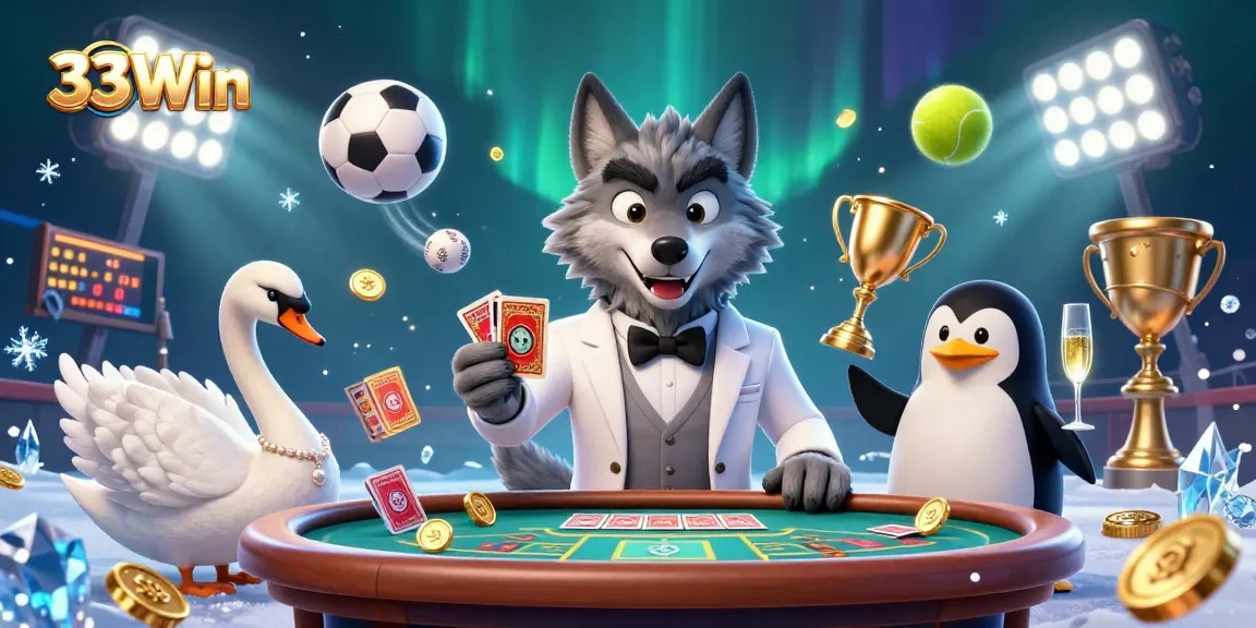 Experience thrilling gaming moments at 33Win with a debonair wolf, swan dealer, and penguin sommelier.