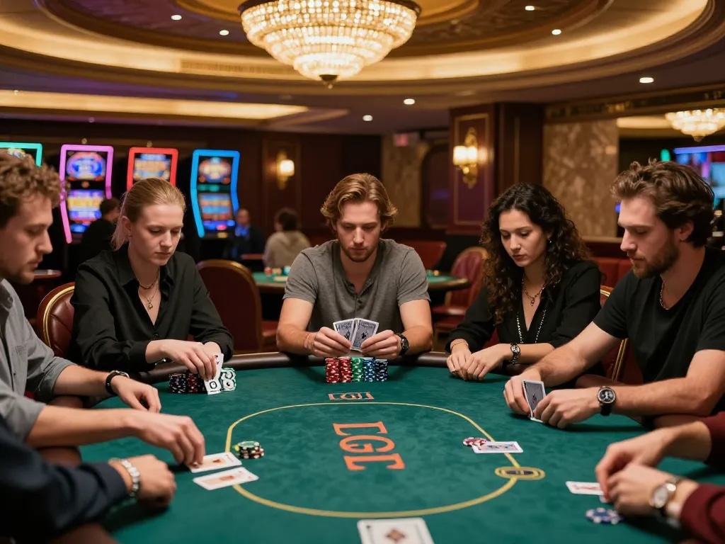 LGO GOAL poker players strategizing their next moves at an upscale casino table.