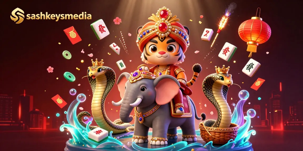 Sashkeysmedia showcases a dynamic casino scene with 3D maharaja tiger and jewel-encrusted elements.