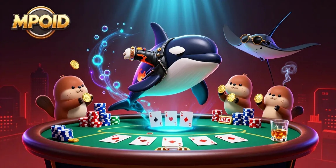 MPOID offers dynamic gameplay with a lively scene featuring an orca, stingray, and otters amidst poker elements.