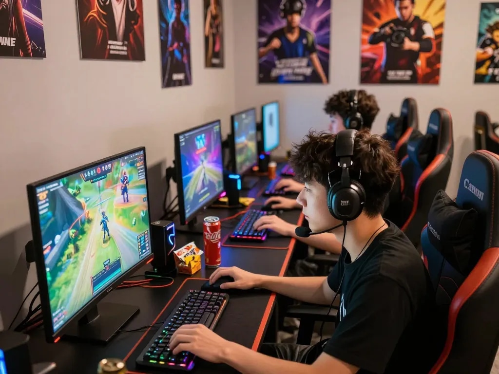 Young adults gaming together at their Autowin88 setup, colorful LED lights enhance the exciting atmosphere.