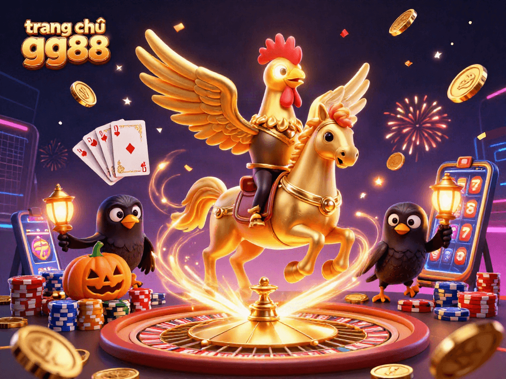 Engage with the vibrant scene at trang chủ gg88, featuring a golden rooster, roulette, and festive elements.