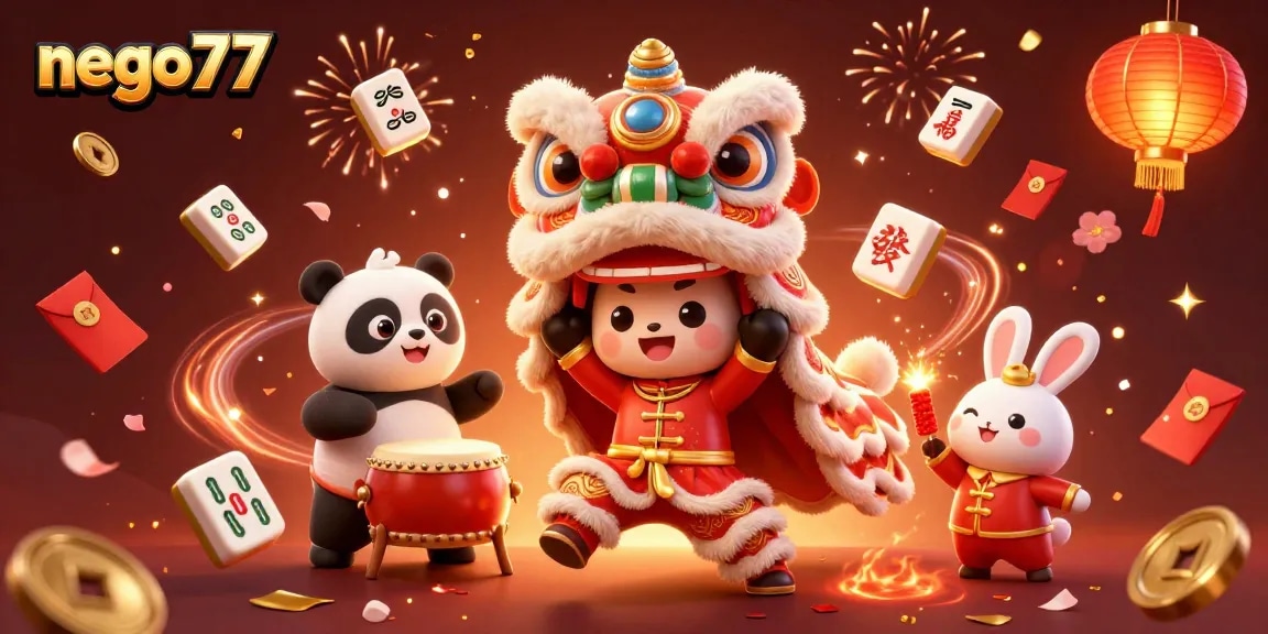 Experience the excitement of nego77 with a lively casino scene featuring a lion dance, panda drummer, and rabbit, celebrating wins.