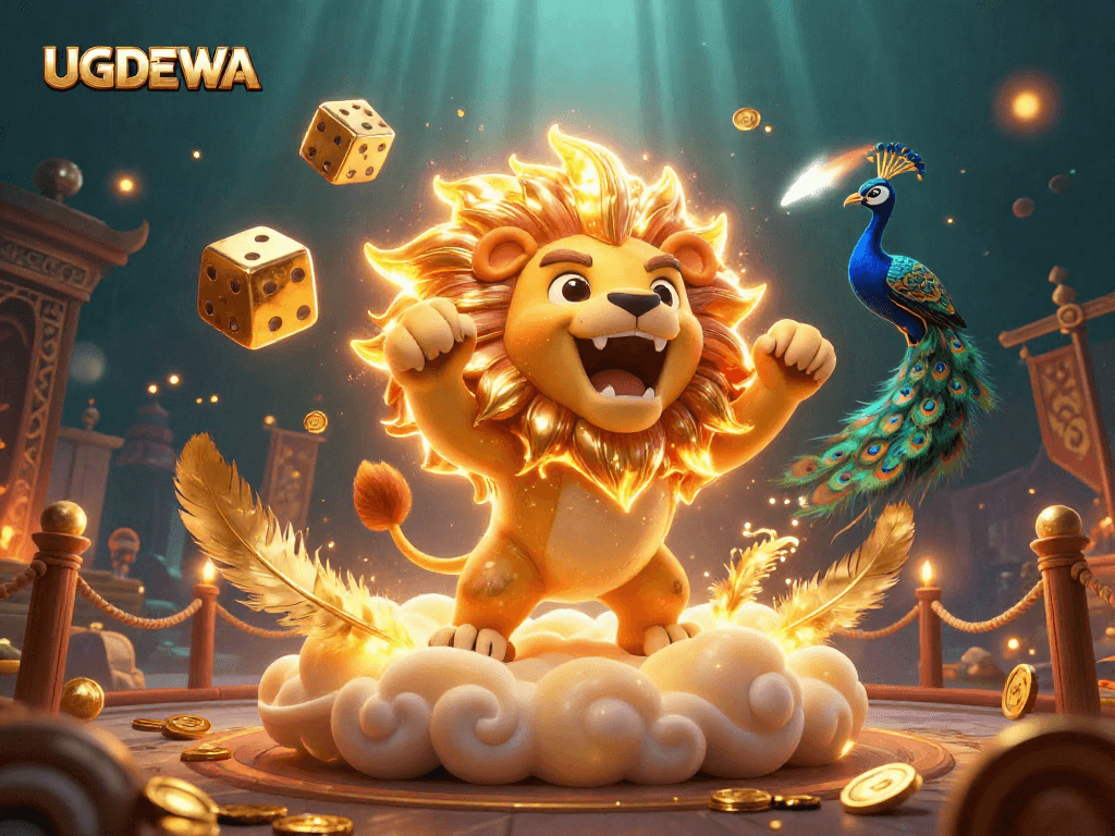 Join the excitement at UGDEWA with a dynamic 3D illustration showcasing vibrant casino elements and golden dice.