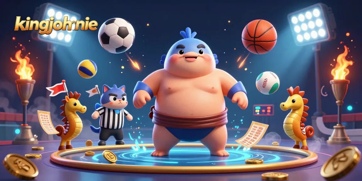 Bet on kingjohnnie with this vibrant 3D underwater casino scene featuring cartoon characters and sports elements.