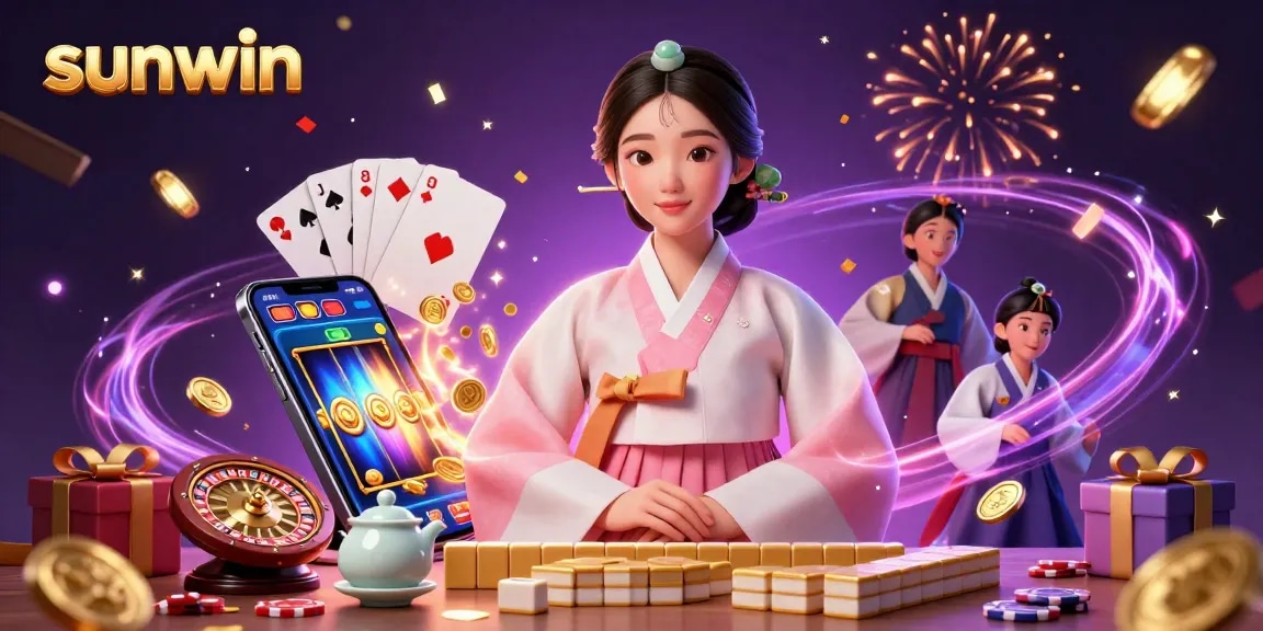 Experience sunwin's exciting casino atmosphere with a serene woman and dynamic gaming elements.