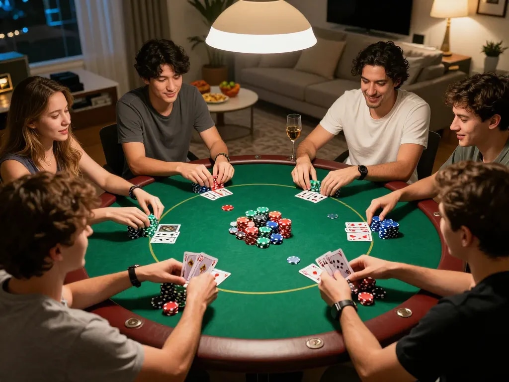Enjoy a thrilling game night as friends gather for poker, showcasing DAFTAR IDNSCORE in an engaging atmosphere