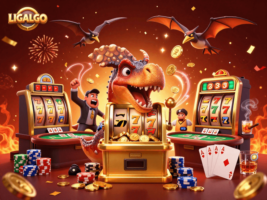 LIGALGO brings excitement with a dinosaur jackpot scene in a vibrant casino setting.