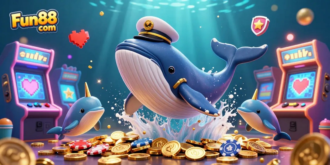 Engage in thrilling casino fun with Fun88 com, showcased in a vibrant 3D scene of a whale and poker dolphins.