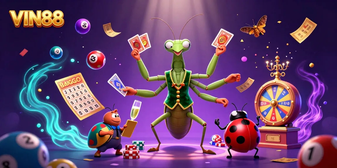 Experience thrilling entertainment with VIN88 in a vibrant casino scene featuring games and action.