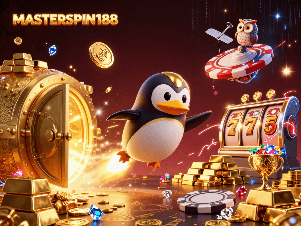 Win big with MASTERSPIN188 in a vibrant 3D casino adventure featuring a golden penguin.