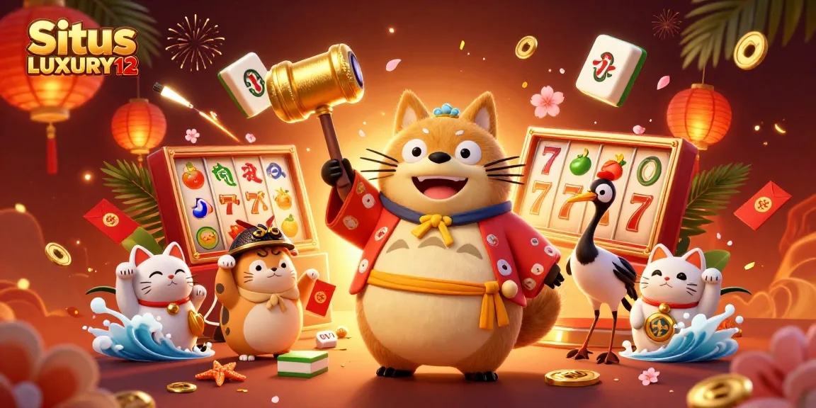 Experience the excitement of Situs LUXURY12 with colorful slot reels and joyful characters.